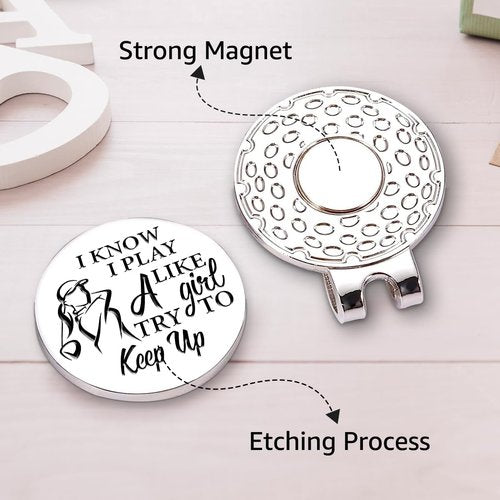 Hafhue I Know I Play Like A Girl Try to Keep Up Golf Ball Marker with Magnetic Hat Clip, Golf Gifts for Women Men, Golf Accessories for Women Men, Great Gift for Golfer, Golf Gift for Mom, Grandma