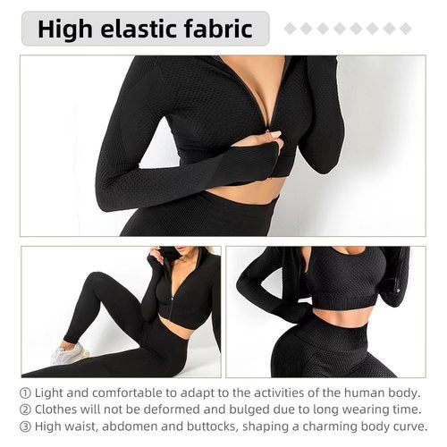 SINBRLAI Women's 3pcs Seamless Workout Outfits Sets, Yoga Sportswear Tracksuit Leggings and Stretch Sports Bra Fitness