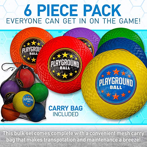 Kids Playground Balls Set — 6 Assorted Rubber Kickballs with Carry Bag, 8.5 Inch