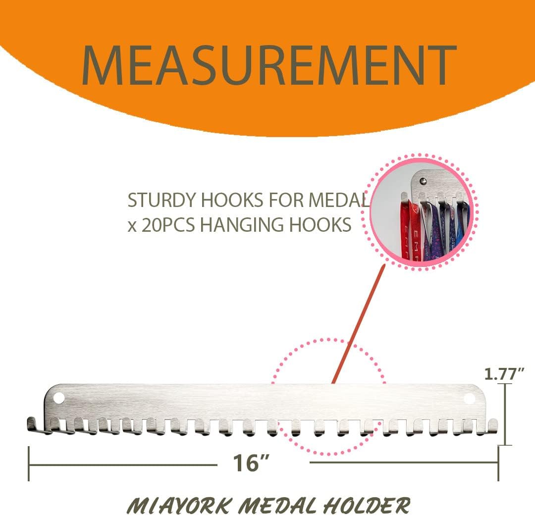 Skiennix Stainless Steel Medal Holder Display Rack - Sturdy Wall Mount with 20 Hooks for Gymnastics, Soccer, Running, Wrestling