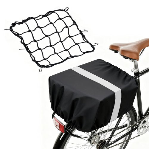 MATTISAM Waterproof Bike Basket Rain Cover and Bungee Cargo Net - Elastic Bicycle Basket Liner with Reflective Strip, Fits Most Bikes (Black, Medium-60L)