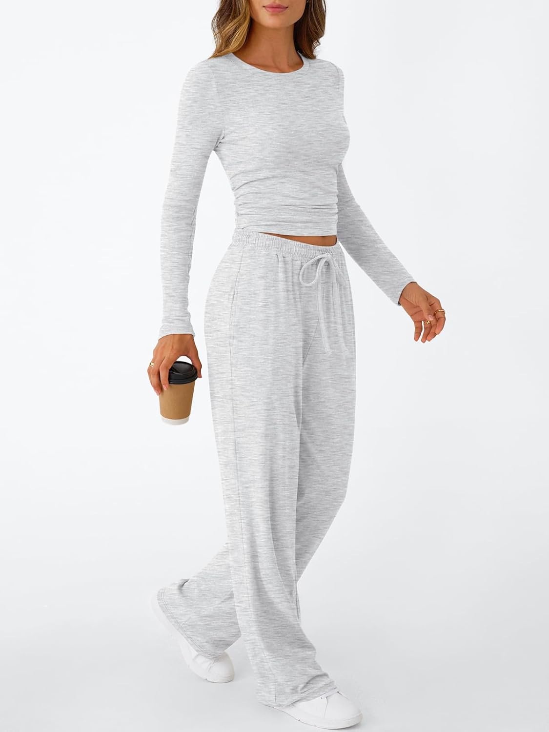 Trendy Queen Women's 2-Piece Lounge Set - Long Sleeve Top & Wide Leg Pants with Pockets