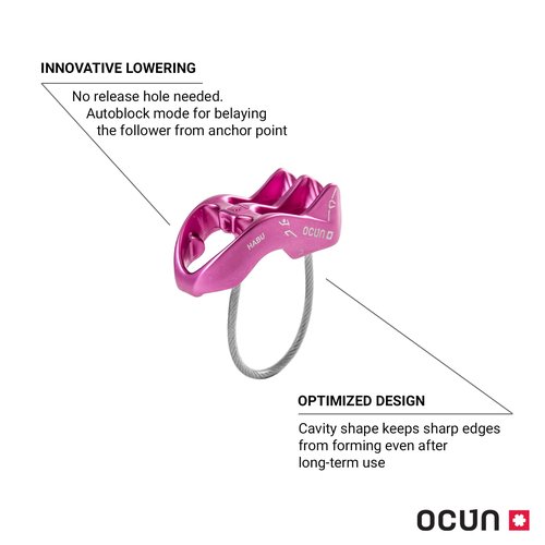 Ocun HABU Belaying and Rappelling Device | ATC V-Grooved Belay and Rappel Device for Rock Climbing | Assisted Braking Rappelling Descender, Pink