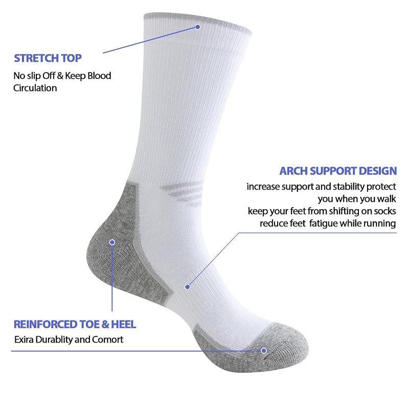 JOYNÉE 5/10 Pairs Men’s Lightweight Athletic Crew Socks – Cushioned Breathable Long Socks White (5 Pairs) Large