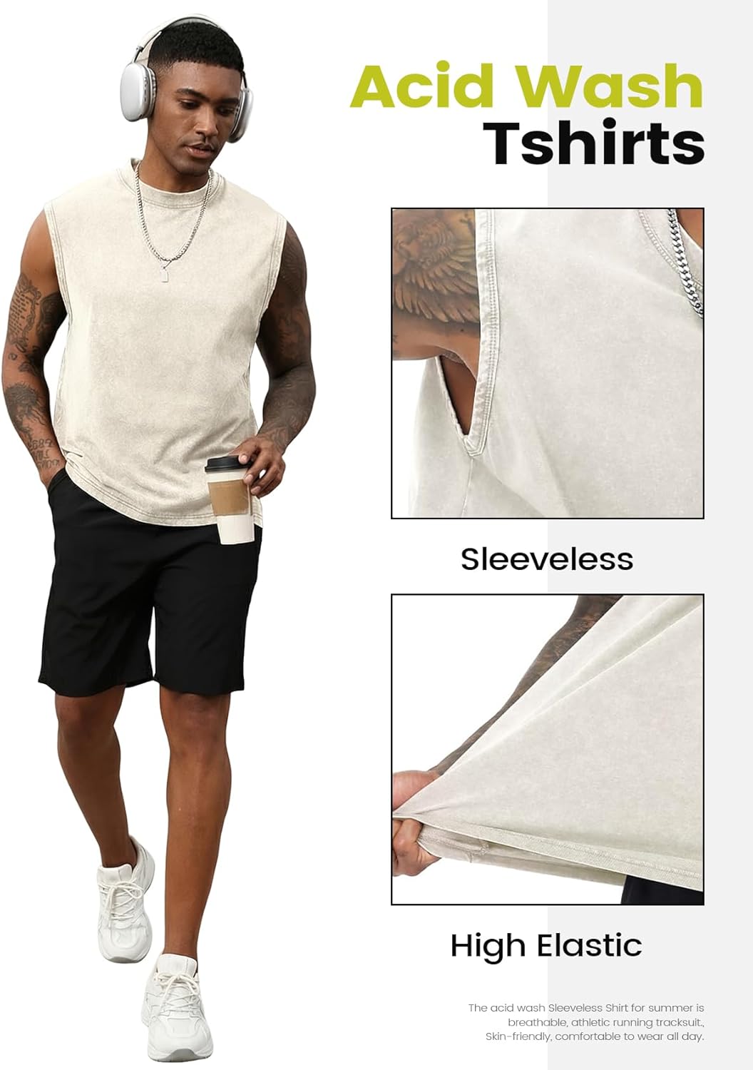 Yimoon Men's Tank Tops - Acid Wash Cotton Sleeveless Workout Tees | Loose Fit Gym Muscle Shirts