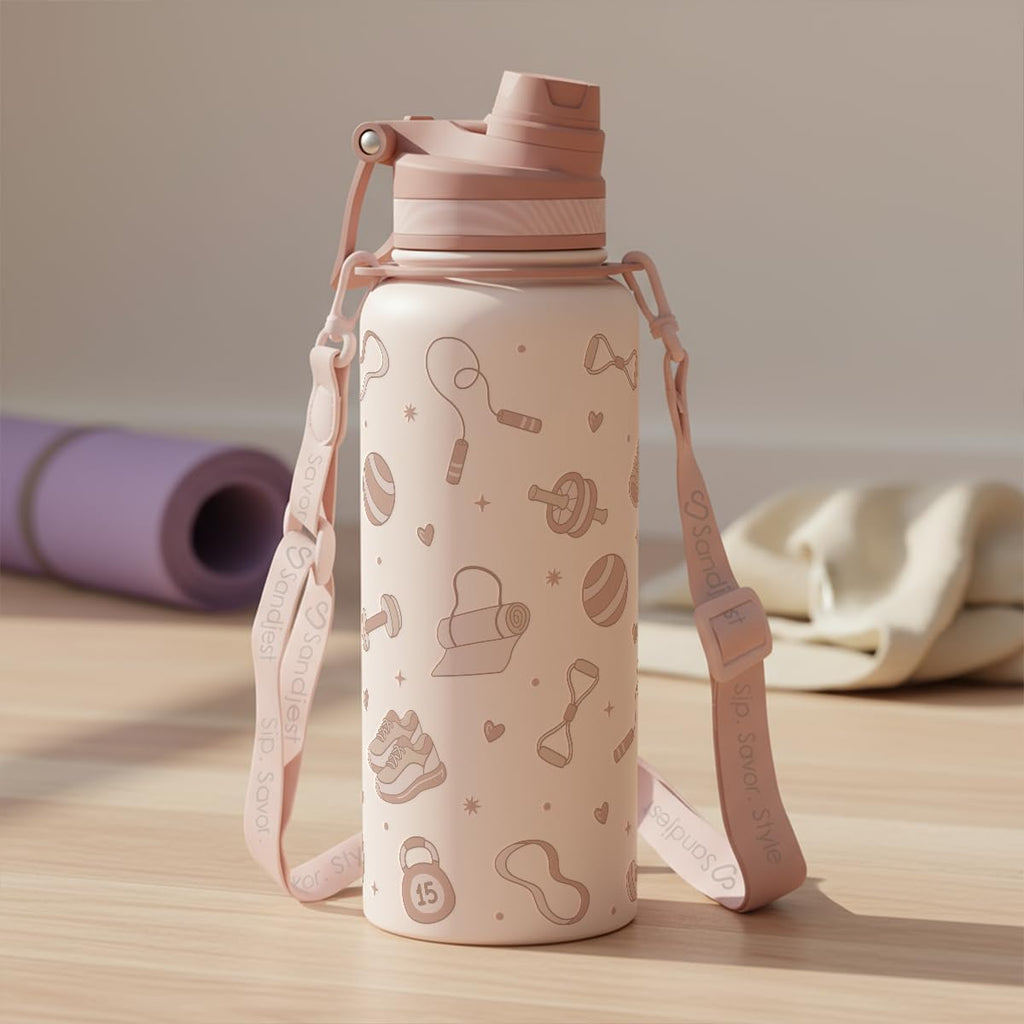 SANDJEST Stainless Steel Water Bottle - 32oz Insulated Gym Bottle with Straw & Spout Lid | Perfect for Travel & Outdoor Gifts
