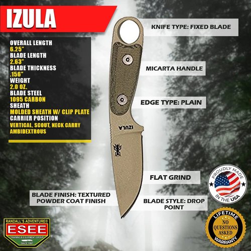 ESEE Knives Izula-DT w/Handle, Molded Polymer Sheath, and Clip Plate