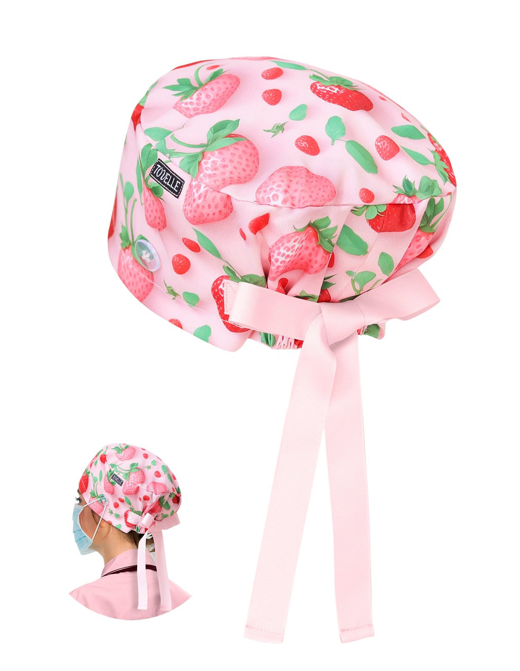 Strawberry Print Scrub Caps for Women with Buttons, Pink Surgical Tech Head Cover, Adjustable Euro Style Scrub Hat for Long or Short Hair