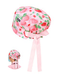Strawberry Print Scrub Caps for Women with Buttons, Pink Surgical Tech Head Cover, Adjustable Euro Style Scrub Hat for Long or Short Hair