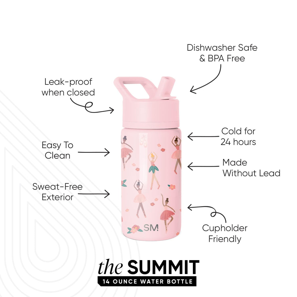 Simple Modern Kids Water Bottle with Straw Lid | 14oz Insulated Stainless Steel Kids Tumbler & Spill Proof Toddler Cup for School, Girls, Boys | Summit | Pink Ballerina