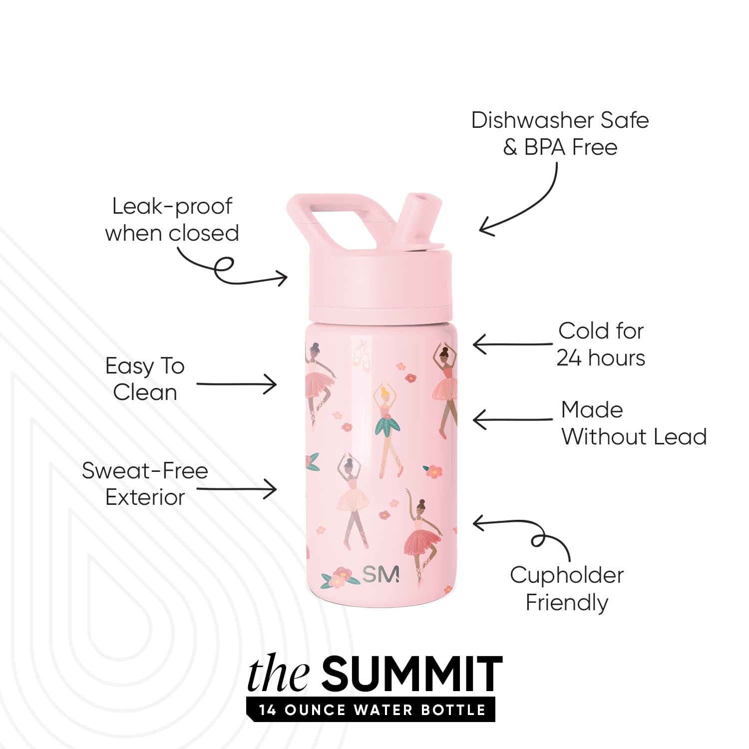 Simple Modern Kids Water Bottle with Straw Lid | 14oz Insulated Stainless Steel Kids Tumbler & Spill Proof Toddler Cup for School, Girls, Boys | Summit | Pink Ballerina