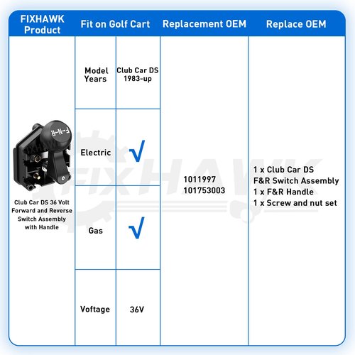 FIXHAWK Club Car DS 36 Volt Forward and Reverse Switch Assembly with Handle for Club Car DS 1983-Up Golf Cart, Replace OEM#1011997 101753003