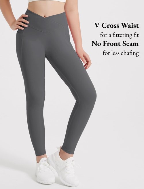 EXARUS 4 Pack Girls Leggings Kids Athletic Yoga Pants Crossover V Waist High Waisted with Pockets Compression for School Dance Black Grey Pink Hot Pink 10Y