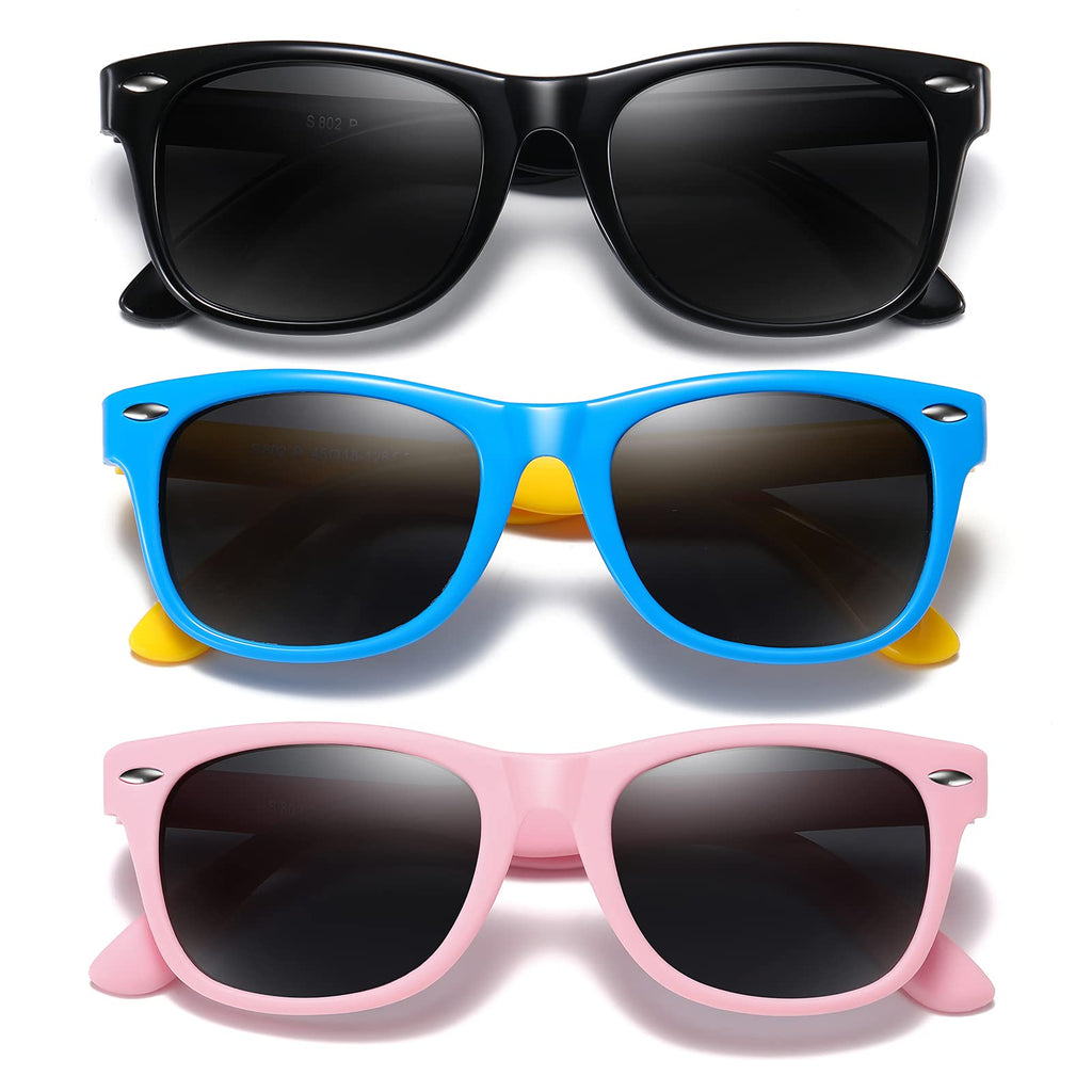 DYLB Kids Polarized Sunglasses for girls boys 3 Pack, Flexible TPEE Rubber Frame for Children Age 3-8. (Black + Pink +Blue Yellow)