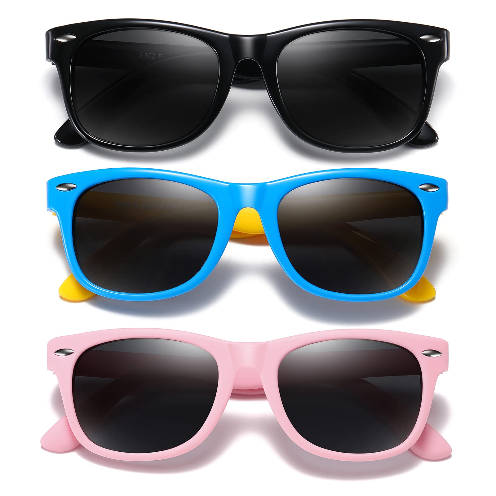 DYLB Kids Polarized Sunglasses for girls boys 3 Pack, Flexible TPEE Rubber Frame for Children Age 3-8. (Black + Pink +Blue Yellow)