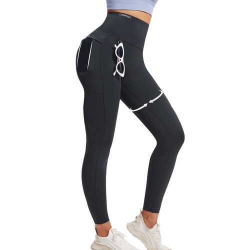 Curvphilo High Waist Leggings with Pockets Tummy Control Workout Butt Lifting Compression Leggings for Women with Hook (US, Alpha, XX-Large, Regular, Regular, 25" Inseam, Black)
