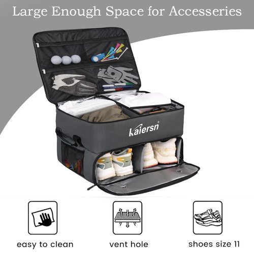 Thionyee 2-Layer Golf Car Trunk Organizer with Separate Ventilated Shoe Compartment, Waterproof Design for Golf Balls, Tees, Clothes, Gloves, Accessories, Ideal Golf Gift (Dark Grey)