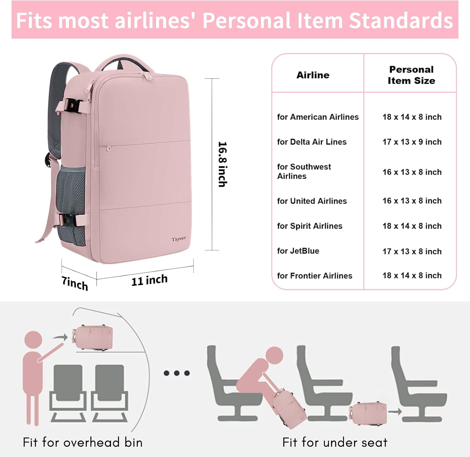 Taygeer Travel Backpack - Women’s Carry-On with Water Bottle Pocket & Shoe Pouch - 15.6" Laptop, Pink