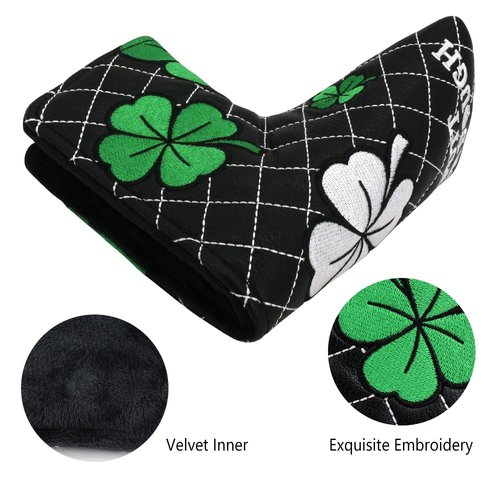 PINMEI Golf Head Covers Blade Putter Cover Blade Headcover Magnetic Embroidered Four-Leaf Clover Design Synthetic Lether Fit for Titleist Callaway Ping Taylormade Cobra Ect.