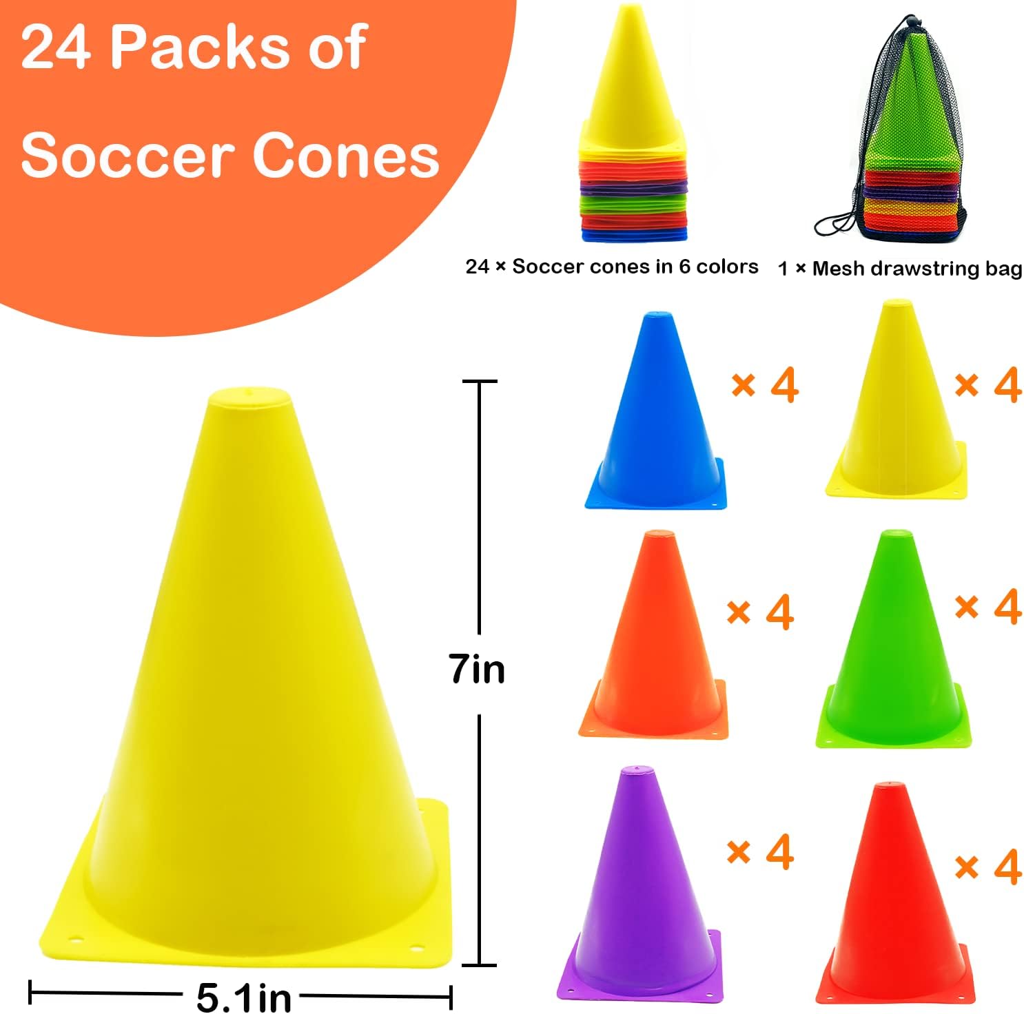 Skiennix Soccer Training Cones - 12/24/48 Pcs Multicolor 7" or 9" Field Cones for Sports Drills