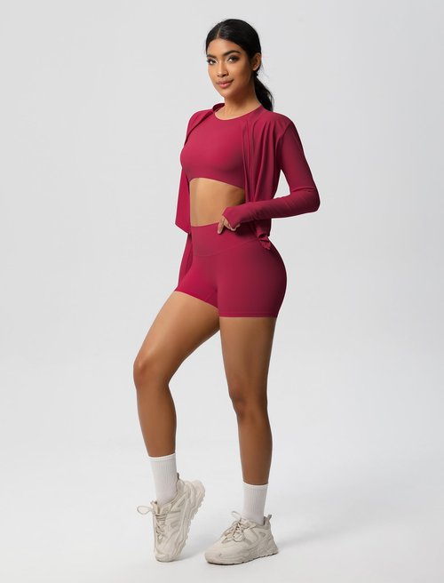 AGYMNX 3 Piece Workout Sets for Women High Waisted Seamless Shorts Crop Top Jacket Gym Yoga Outfit Stretchy Sports Bra Set