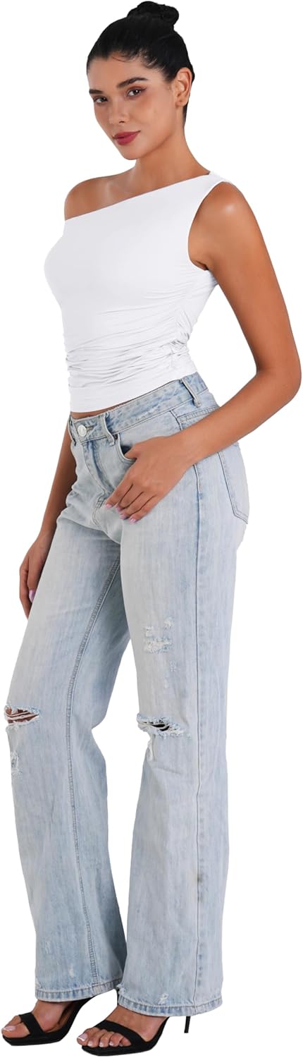 Sunzel Off Shoulder Crop Top - Y2K Trendy Sleeveless Tank Shirt with Asymmetrical Neckline & Ruched Detail