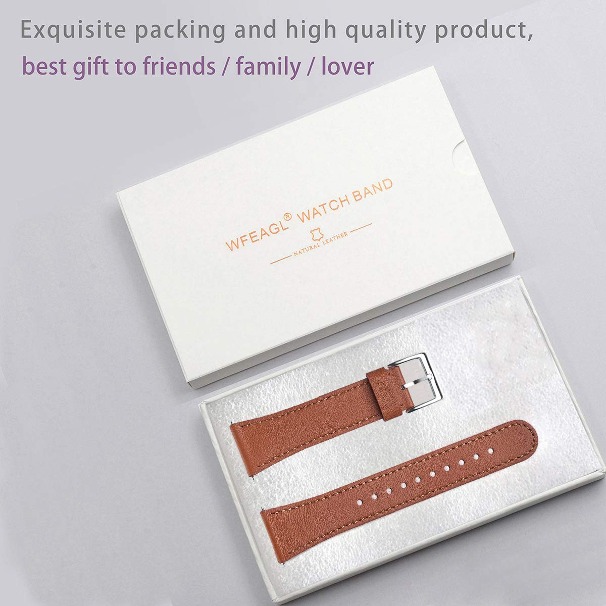 WFEAGL Leather Band for Fitbit Versa - Top Grain Leather Replacement Strap (Brown + Silver Buckle)