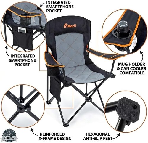 EMERIT Oversized Padded Camping Chair - 350LB Heavy Duty Quad Fold with Lumbar Support & Cup Holder