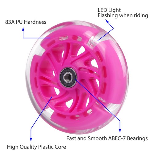 Gladeer 120mm Light Up Flashing Scooter Front Replacement Wheels w/Bearings for Kids 3-Wheeled Kick Scooters (Pink)