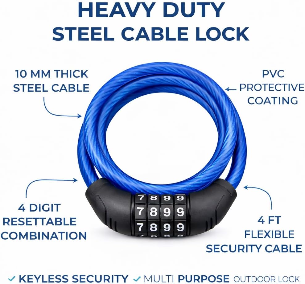 Skiennix Bike Lock Cable - 4 Ft 10mm Resettable Combination Lock for Bicycles, Scooters & Gates