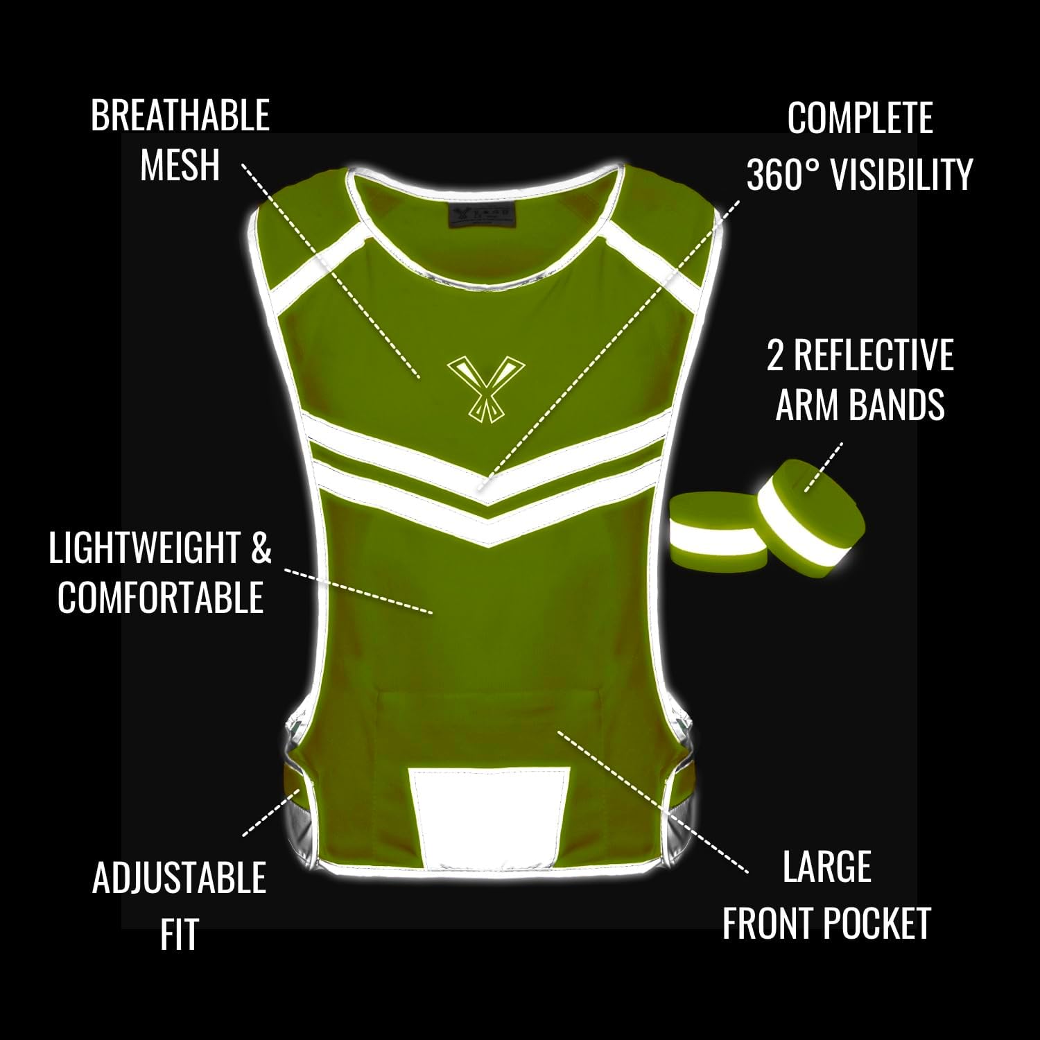 Skiennix Reflective Running Vest - High Visibility with Pocket & 2 Bands for Night Safety