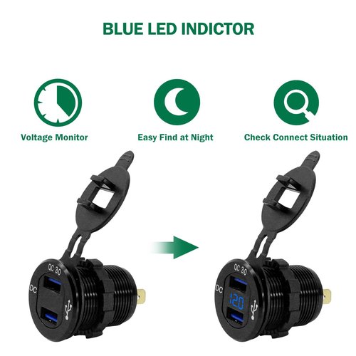 LENKRAD Quick Charge 3.0 USB Outlet 12V/24V with Blue Voltmeter, Waterproof Marine New Energy USB Outlet,Rv Dual USB Charge Port Electrical Outlet with Fast Charge USB for Golf Cart Motorcycl