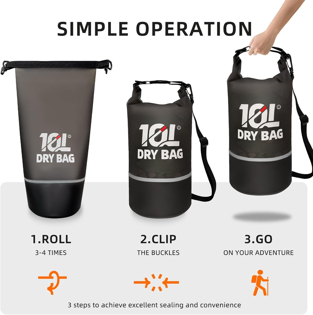 Skiennix Waterproof Dry Bag - 10L Lightweight Roll Top Backpack with Reflective Design & Phone Pouch