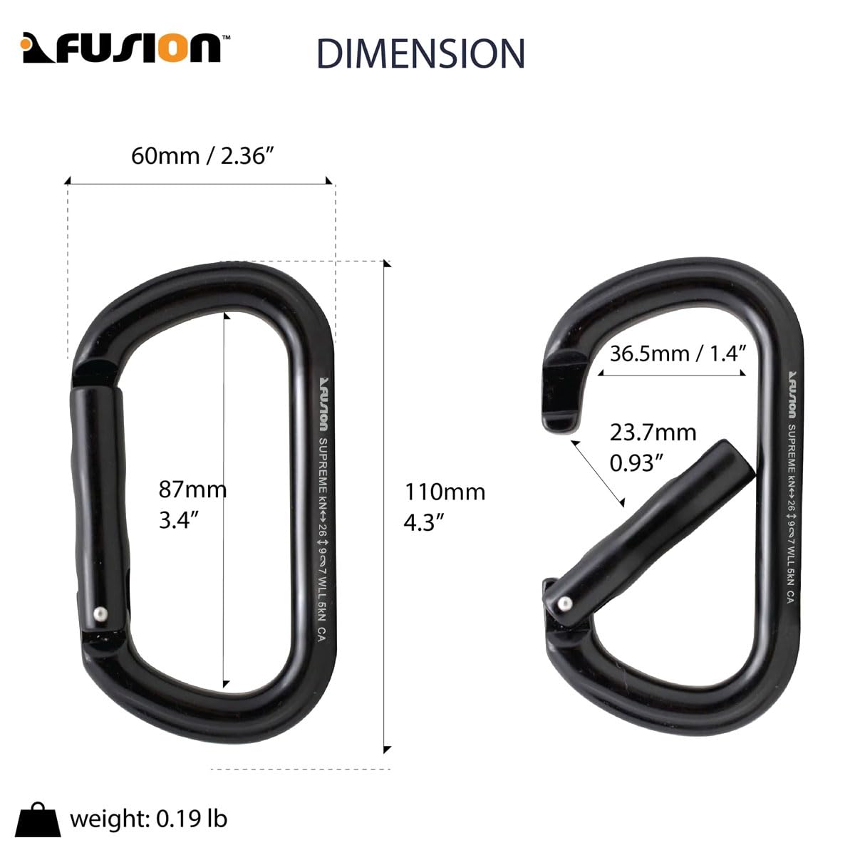 Straight Gate Carabiner - Black, Supreme Oval-Shaped (FP-9318-3-STK-BLK)