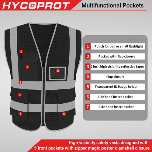 HYCOPROT High Visibility Reflective Safety Vest - ANSI/ISEA Compliant with Pockets & Zipper