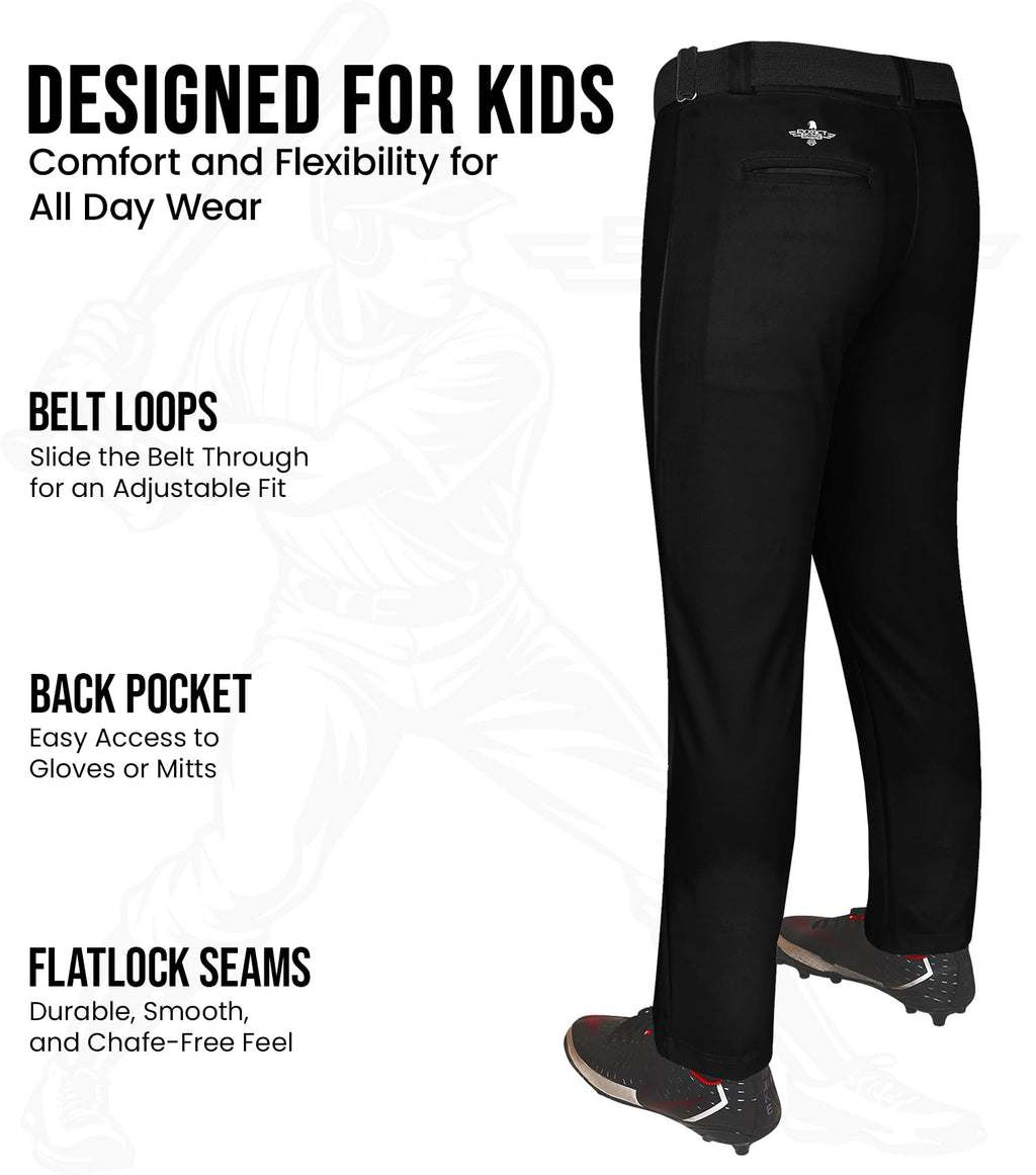 Exxact Sports Pull-Up Youth Baseball Pants with Adjustable Drawstring, Full-Length, No-Fly, Open Bottom Boys Baseball Pants