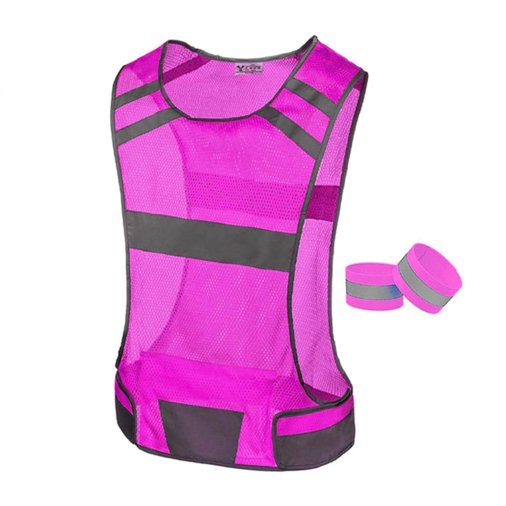 Mesh Reflective Running Vest with Inside Pocket & 2 Bands, Pink Medium