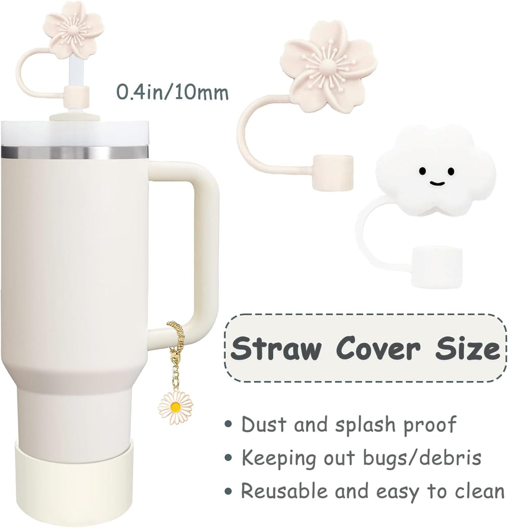 Stanley Cup Accessories Set - 2 Straw Covers, Silicone Spill-Proof Stopper & Flower Charm | Fits 40 & 30 Oz Tumblers (Cream)