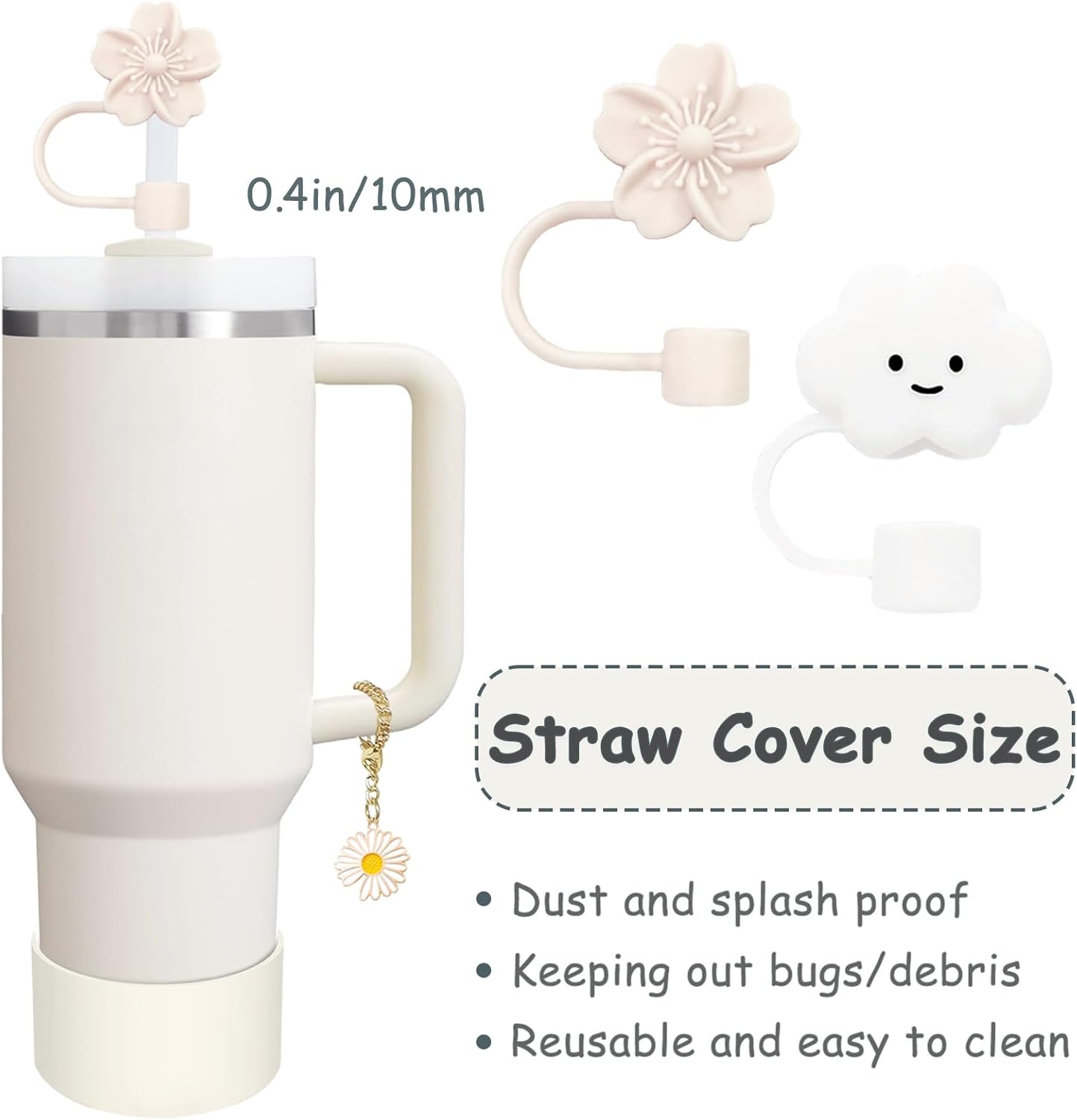Stanley Cup Accessories Set - 2 Straw Covers, Silicone Spill-Proof Stopper & Flower Charm | Fits 40 & 30 Oz Tumblers (Cream)