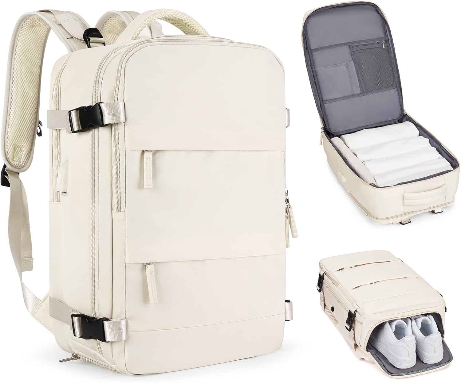 Skiennix Beige Large Travel Backpack - Airline Approved Waterproof Carry-On Bag for Men & Women