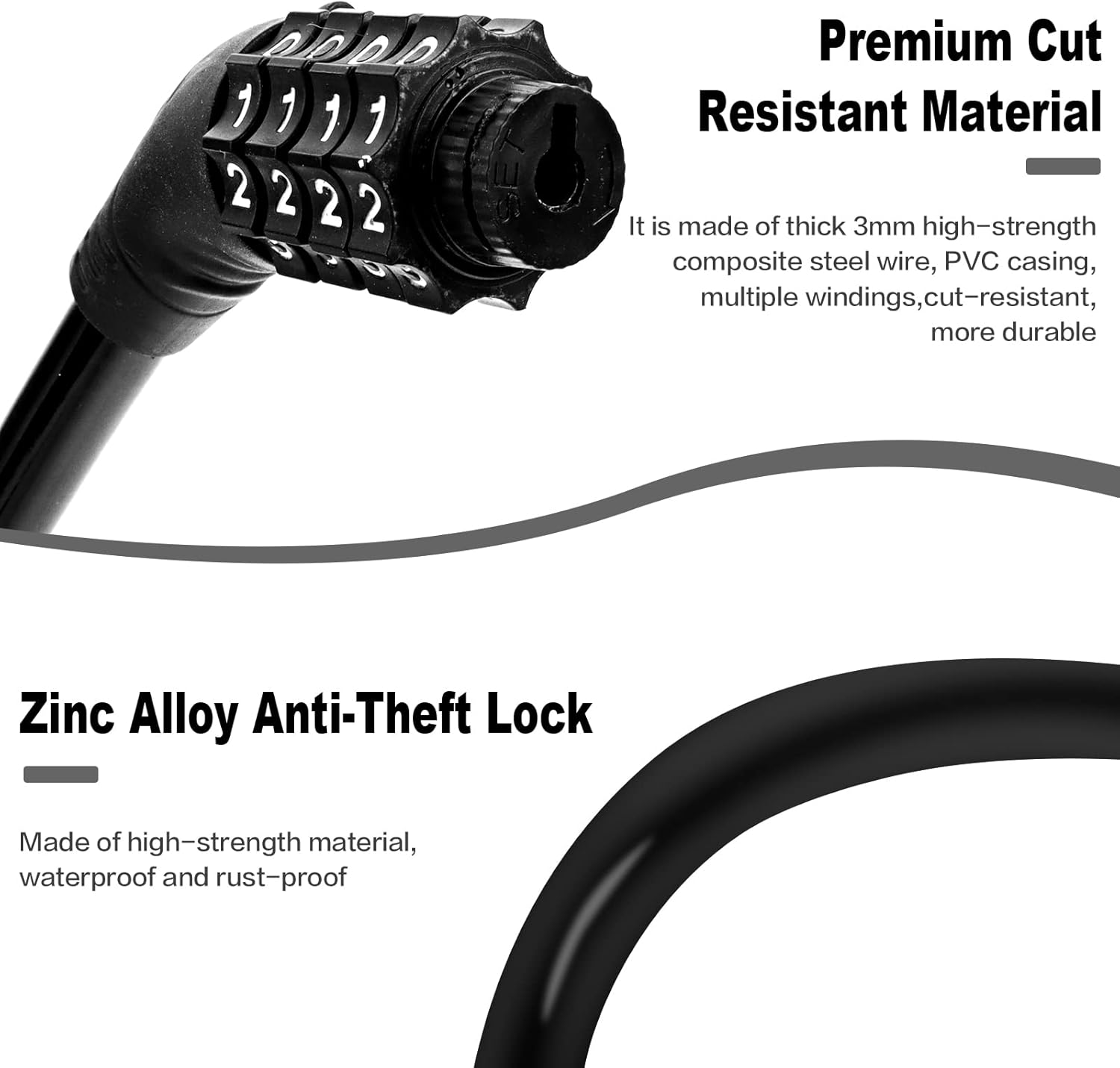 Skiennix Heavy-Duty Bike Lock Cable - Anti-Theft Combination Lock for Outdoor Equipment | Black (2 Pack, 1 Ft)