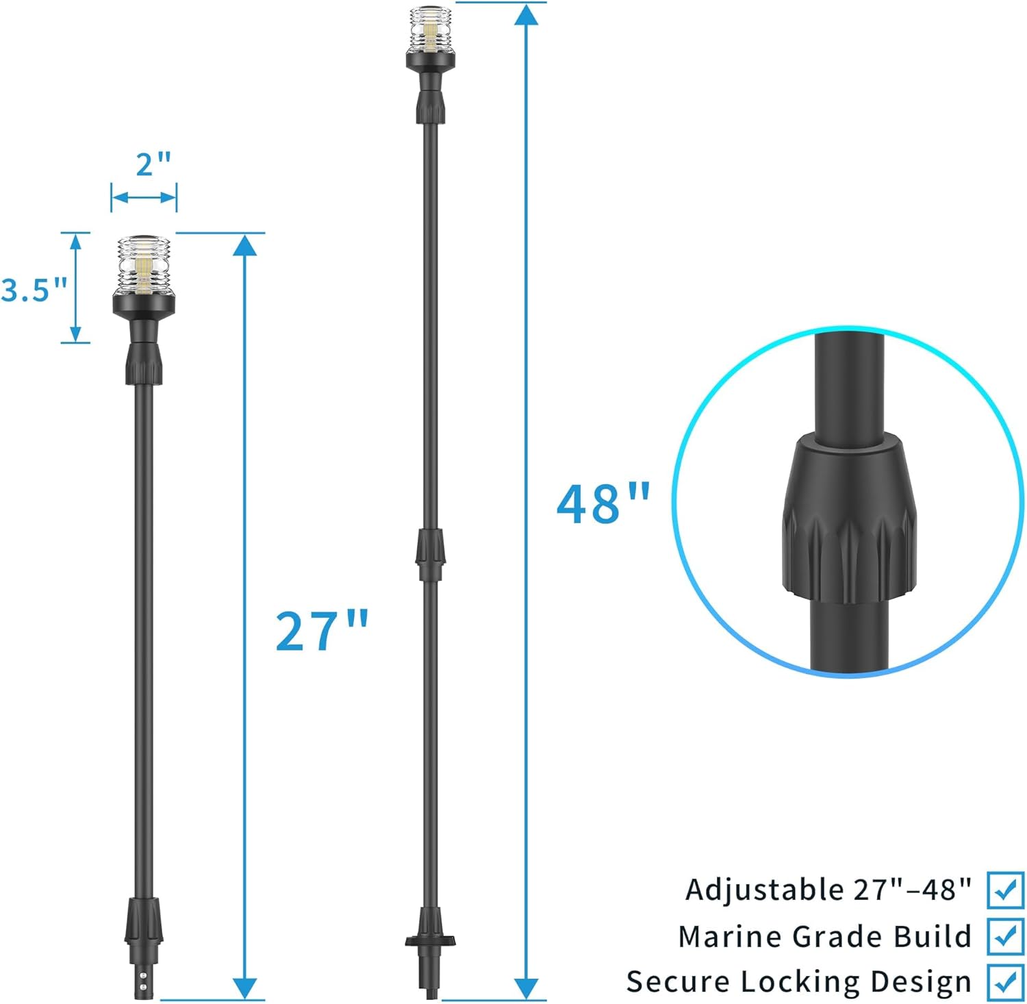 Obcursco LED Boat Stern Lights - Telescoping 27"-48" Navigation Light with 3NM Visibility | Black Base