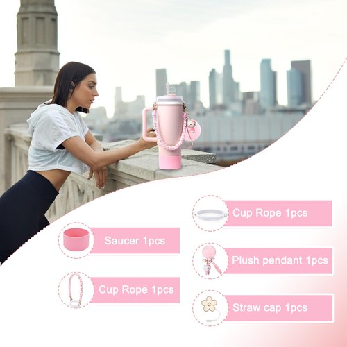 HATOTO Stanley Cup Accessories Set, Cute Kawaii Pom Pom Design Water Bottle Handle Strap, Silicone Boot, Charms for 30/40oz Tumble (Pink 1)