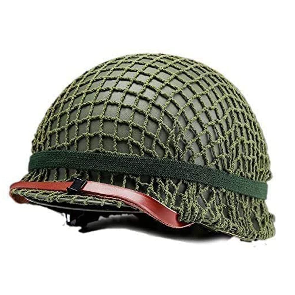WWII US WW2 Army M1 Steel Pot Helmet Replica - Military Gear Uniform with Net Cover, Chin Strap, Cat Eye Belt