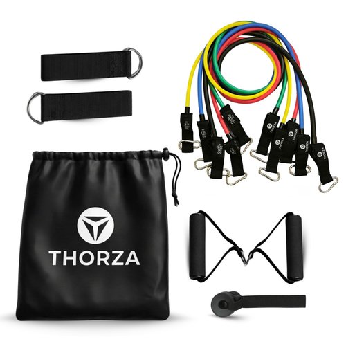 THORZA 11-Piece Full Body Strength Training with Resistance Bands Set - 5 Levels Tube Exercise Bands, Without Latex TPE Resistance Band - Door Anchor, Handles, Ankle Straps & 1 Bag