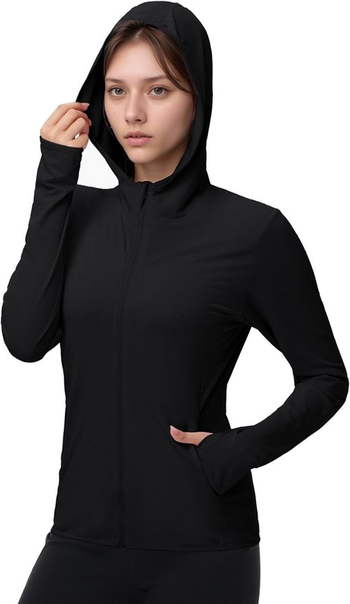 Isnowood Women's UPF 50+ Sun Protection Rash Guard - Lightweight UV SPF Long Sleeve Zip Hoodie Jacket
