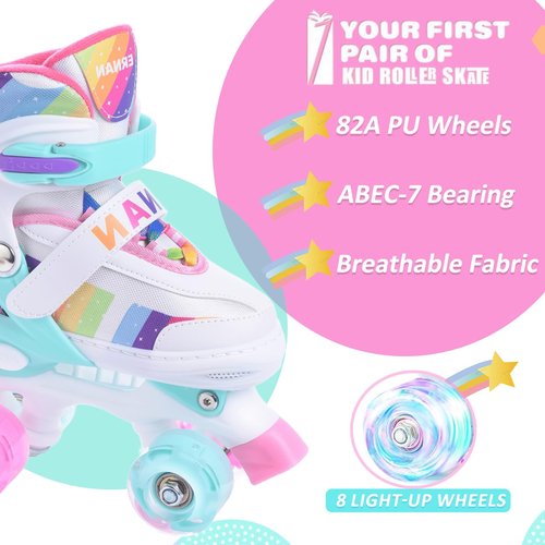 ERNAN Kids Roller Skates,Girls Roller Skates,4 Size Adjustable with Light up Wheels for for Beginner Kids Girls & Boys (Rainbow, M)