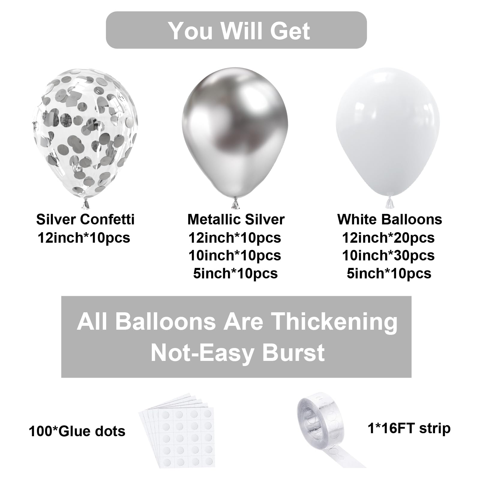 Bezente White Silver Balloon Garland Kit,100Pcs White Silver Metallic Chrome and Silver Confetti Balloons with Balloon Tape for Winter Wonderland Wedding Prom Special Events Party Winter Decor