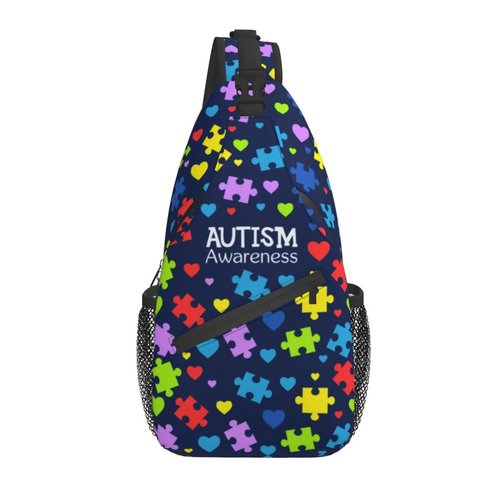 Autism Pattern Sling Backpack Travel Hiking Daypack Autism Awareness Crossbody Shoulder Bag For Women Men