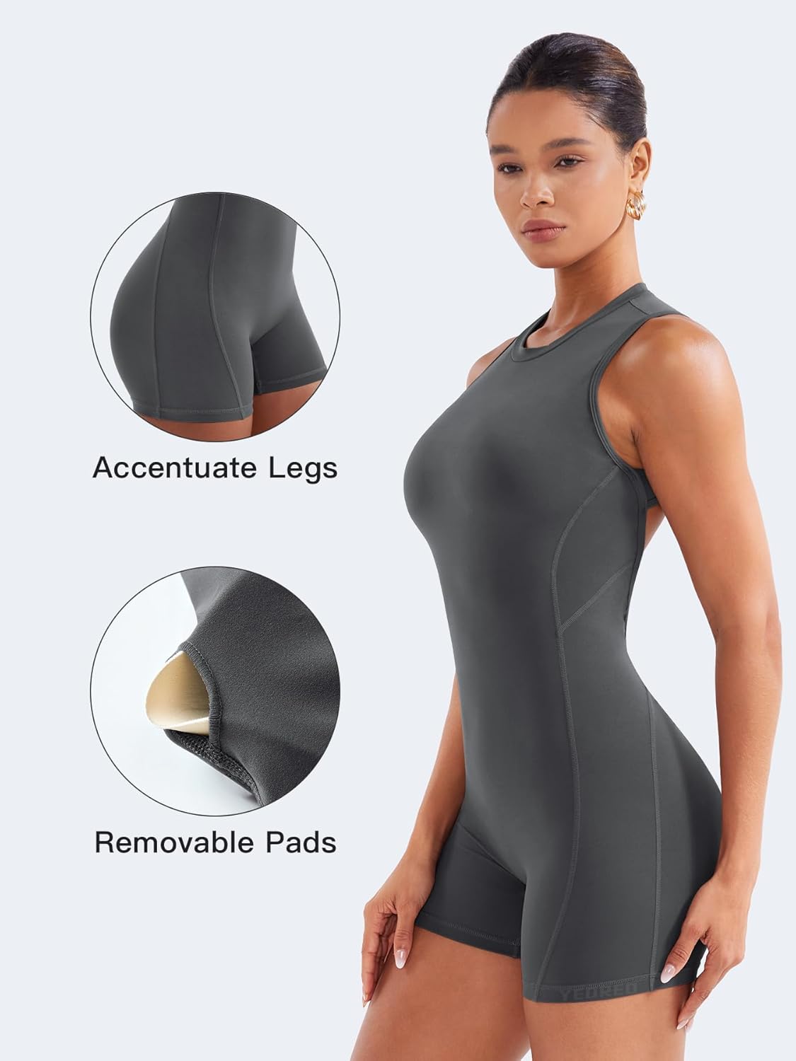 YEOREO Backless Workout Jumpsuit - Sleeveless One-Piece Yoga Romper with Pads | Tessia Scrunch Butt Design